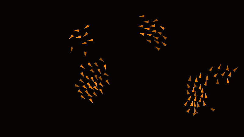 Boids flocking simulation, triangles moving in flocks